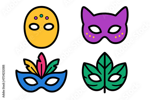 Colorful festive carnival masks set with cat, feathered, and leaf designs for celebration and masquerade