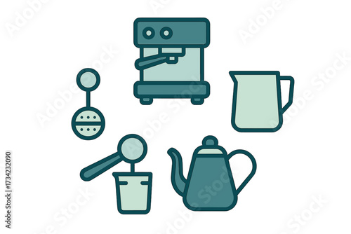 Assortment of coffee and tea brewing essentials with espresso maker, teapot, infuser, and measuring tools