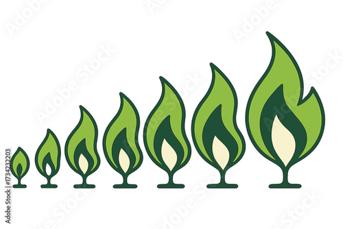 Progressive sequence of green flames showing growth, energy, and environmental sustainability concept with clean design