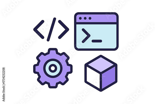Abstract flat line icons representing programming development settings and 3D modeling concepts for web and application design