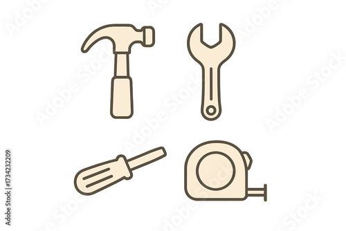 Collection of essential household tools including hammer, wrench, screwdriver, and tape measure for home improvement and repair