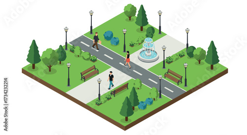 Isometric park intersection with people, benches, and trees in urban setting