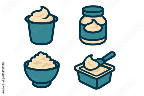 Collection of dairy products and creamy spreads including whipped cream in a cup, cottage cheese in a bowl, butter in a tub, and a creamy spread in a jar