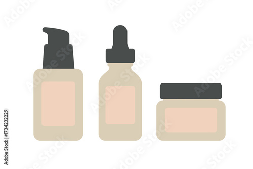 Modern set of beauty and skincare product containers including pump bottle, dropper, and cream jar for cosmetic branding and personal care
