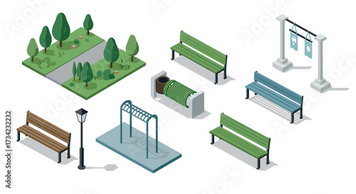 Isometric urban park elements with benches and playground equipment