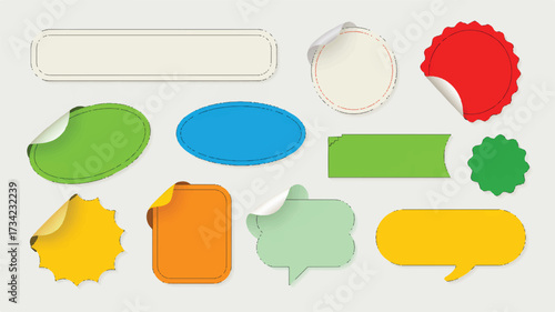 A collection of 9 colorful paper stickers and labels with curved edges and shadows, arranged on a white background