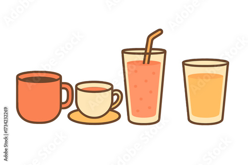Collection of various hot and cold beverages including coffee, tea, fruit juice, and refreshing smoothie drinks