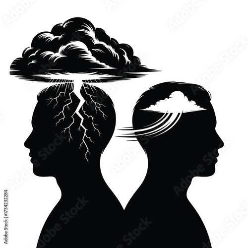 Two silhouetted heads facing opposite directions with stormy thoughts