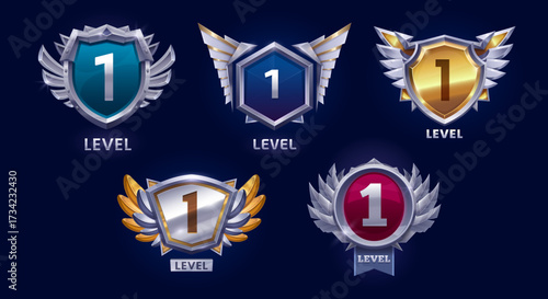 Game victory rank level up badge icons, shields asset. Vector set of shiny level 1 gaming emblems with winged shields and metallic finishes. Gui elements for ranking system or rewards in applications