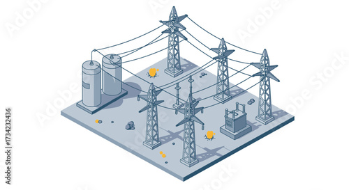 Isometric industrial power plant with high voltage towers and transformers