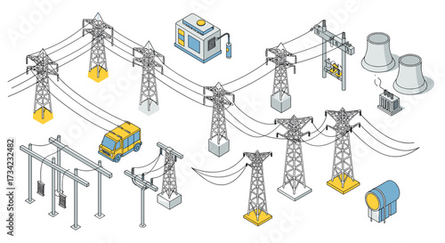 Isometric electrical grid with transmission towers and power plant elements