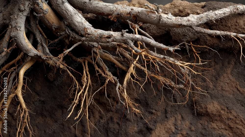 Root system concept ,Exposed tree root system soil profile with earthy ...