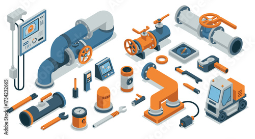 Industrial automation elements with pipes and robotic arms in isometric design