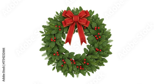 Isolated Holiday bay leaf wreath with red berries and satin ribbon bow for Christmas season