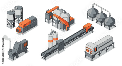 Industrial manufacturing equipment in isometric design with conveyor system and storage tanks