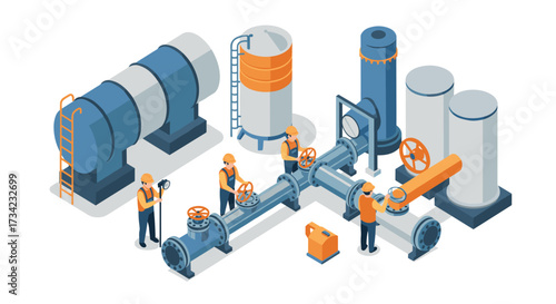Industrial isometric design engineers working on pipeline and tank systems