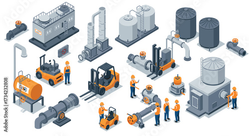 Isometric industrial equipment and workers scene with tanks and machinery