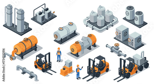 Isometric industrial equipment and machinery set with workers