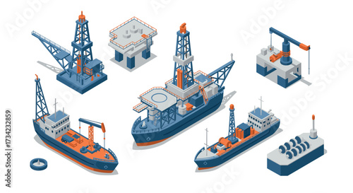 Isometric marine platforms and construction equipment set for offshore projects