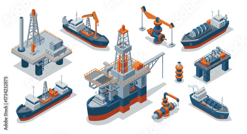Isometric offshore oil drilling platforms and ships illustration set