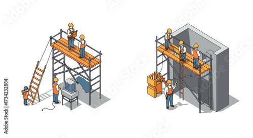 Construction workers on scaffolding with equipment in isometric style