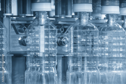 The mass production of drinking water on the conveyer belt.