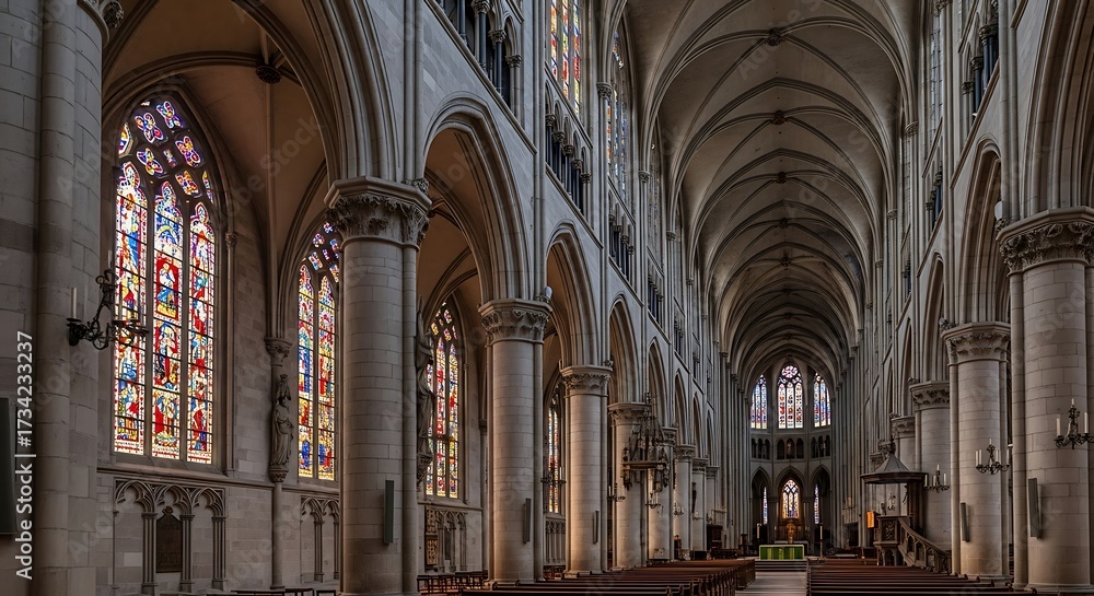 Fototapeta premium Interior of a Gothic Cathedral with Stained Glass Windows.