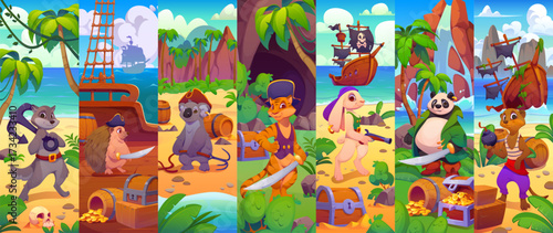 Cartoon animal pirate and corsair characters, ship crew collage. Cute rovers hedgehog, koala, tiger, bunny, , panda, meerkat in a playful adventure on tropical beach with treasure, ships and weapons