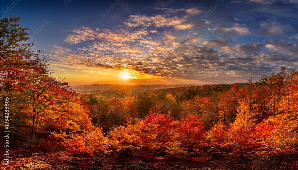 Fototapeta premium The Sky Bursts With Colors As The Sun Sets Behind A Dense Forest Illuminating The Autumn Leaves In Stunning Reds Oranges And Yellows A Peaceful Moment Of Nature Unfolds