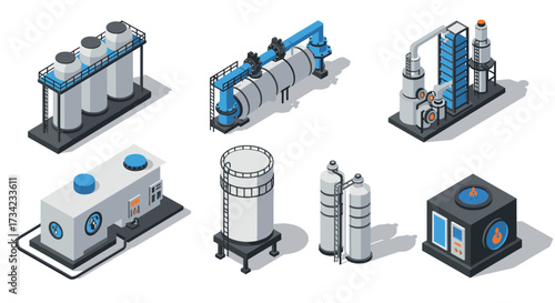 Isometric industrial factory elements with pipes and tanks in modern design