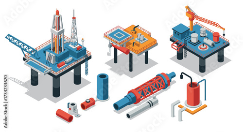 Isometric offshore oil platforms and equipment