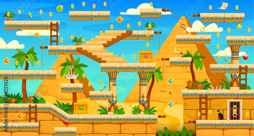 Egyptian Giza pyramids arcade game level map with platforms, ladders, bonus coins, palm trees and obstacles under a blue cloudy sky. Vector Ancient Egypt interactive adventure and exploration game