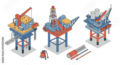 Isometric offshore drilling platforms with equipment and machinery