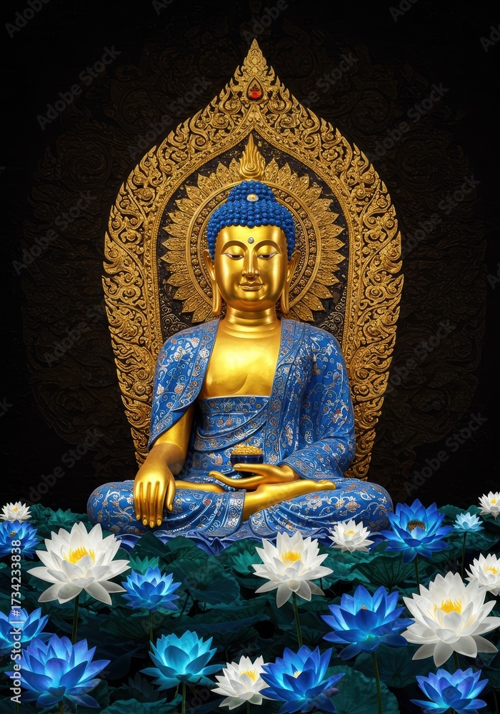 Obraz premium Golden Buddha Statue with Blue Lotus Flowers