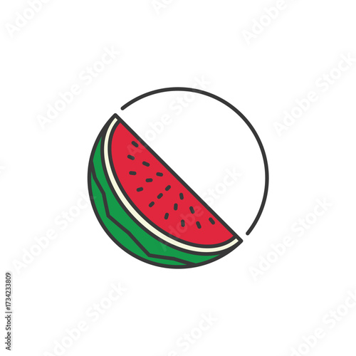 Bold melon slice with juicy red flesh, crisp rind, and playful seeds, perfect for summer menus, farm logos, or healthy snack branding. Refreshing, seasonal, and visually bold