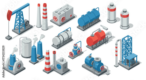 Isometric industrial machinery set featuring oil rig, tanks, and smokestacks