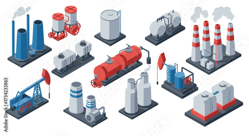 Isometric industrial facilities collection with chimneys, tanks, pumps, and factories in blue and red tones