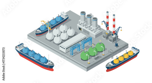 Isometric maritime industrial port with cargo and gas vessels
