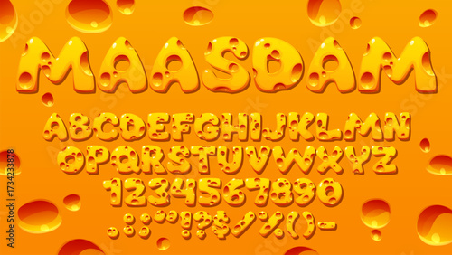 Cartoon cheese font, yellow swiss and maasdam typeface letters alphabet uppercase letters, numbers, and symbols. Vector gooey cheesy abc characters set against a fun orange background with holes