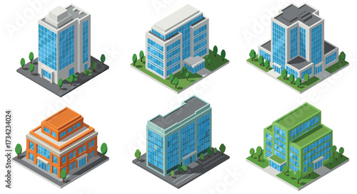 Isometric set of modern office buildings with trees and urban landscape
