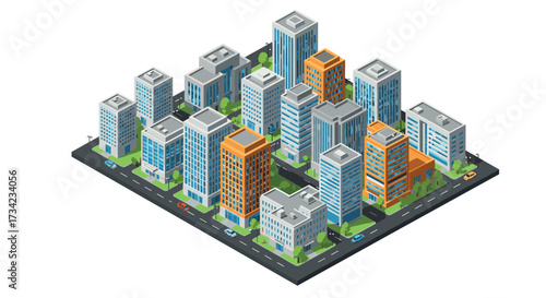 Modern isometric urban cityscape with high rise buildings and streets