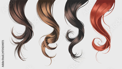 A digital illustration of four flowing hair strands against a pure white background. 