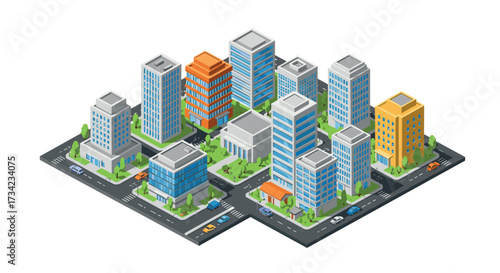Isometric cityscape with modern buildings and streets in urban block design