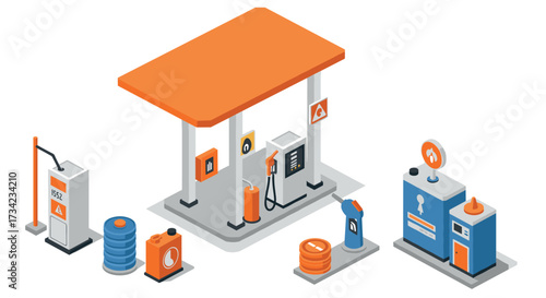 Modern isometric gas station design with fuel pumps and service equipment