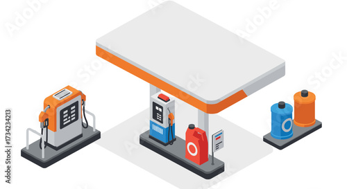 Modern isometric gas station with fuel pumps and tanks