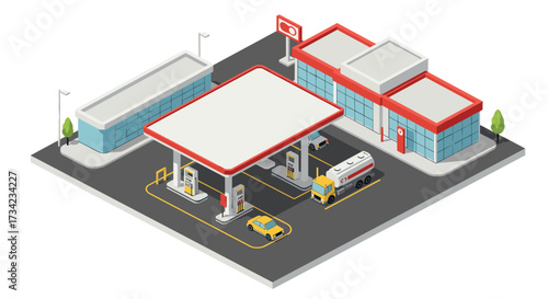 Isometric gas station with modern architecture and vehicles