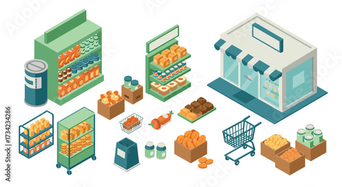 Isometric grocery store elements with produce, shelves, and shopping cart