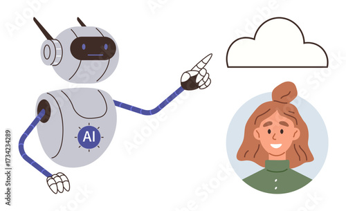 AI robot with labeled chest pointing to a cloud icon and female avatar in a circle. Ideal for technology, AI, cloud storage, smart systems, data management, future tech, digital assistance. Simple