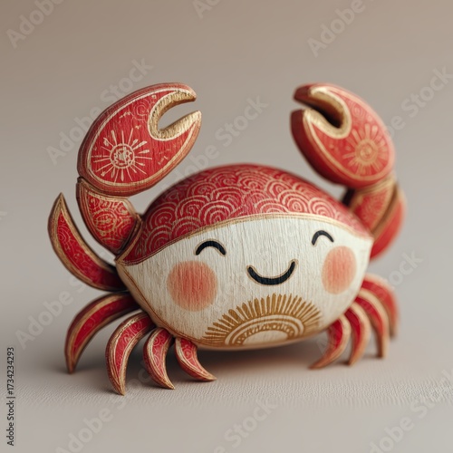Cute Wooden Crab Figurine with Red and Gold Artwork
