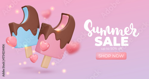 Banner with Ice cream on pink background, summer sale, up to 70%, 3d render. Design elements. Realistic sweet food poster. Vector illustration for menu, shop, flyer, web, adv, sale